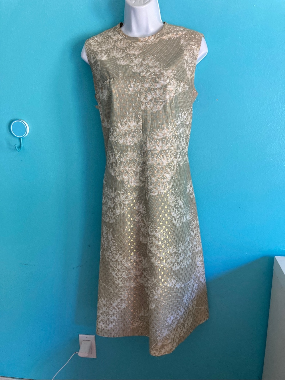 Vintage Leslie Fay Original Green & Gold Brocade Shift Dress & Jacket Sz 14 Midi